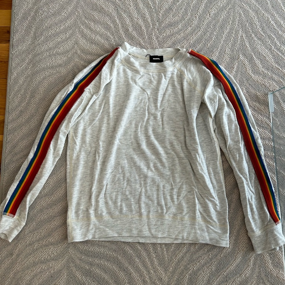 MONROW Grey Crewneck sweatshirt with Rainbow side sleeve.